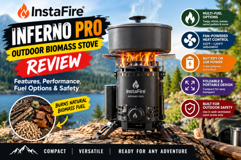 InstaFire Inferno PRO outdoor biomass stove review showing the stove burning with a cooking pot, multi-fuel options and fan-powered heat control
