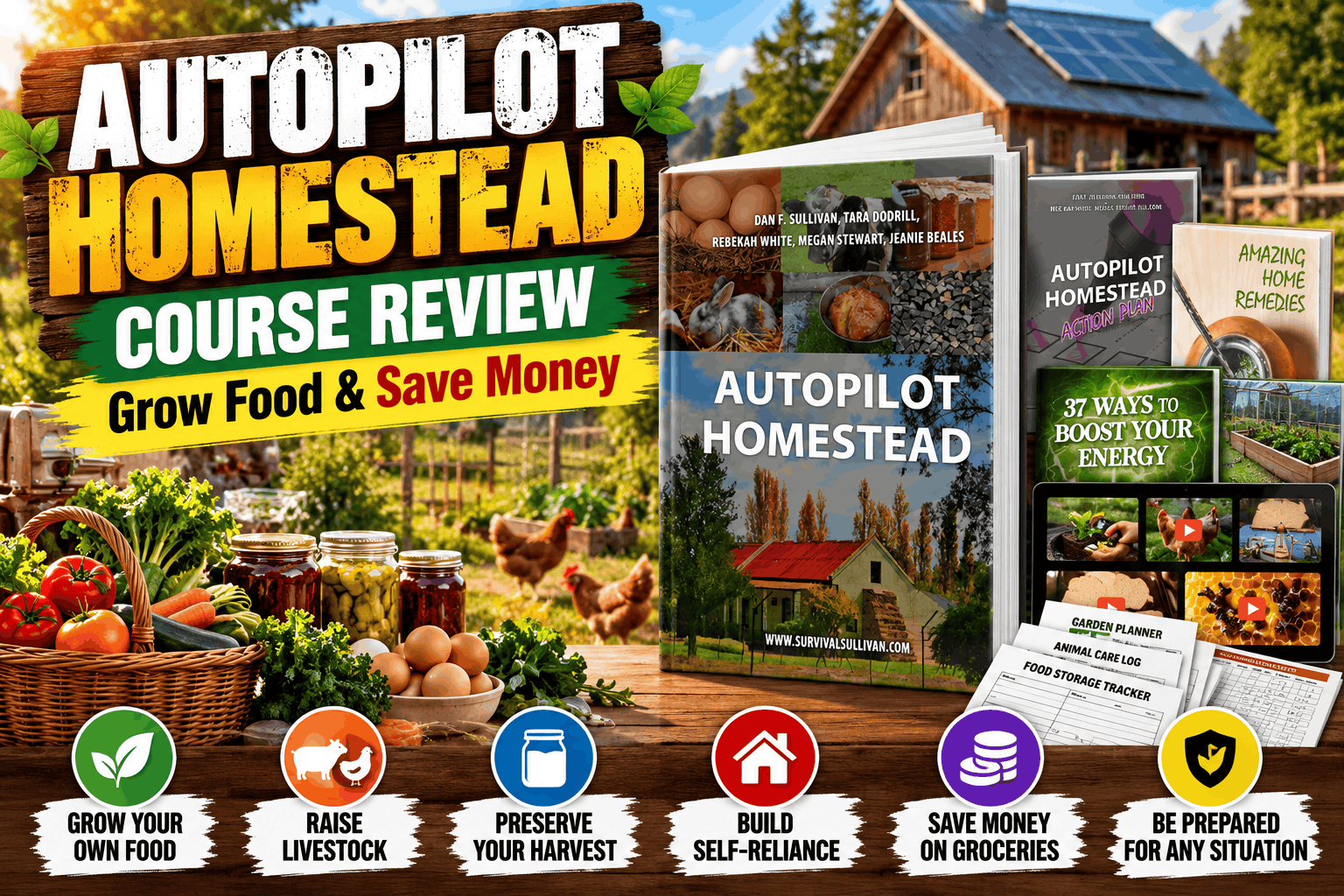 Autopilot Homestead Course review featuring the homesteading guide and bonus resources
