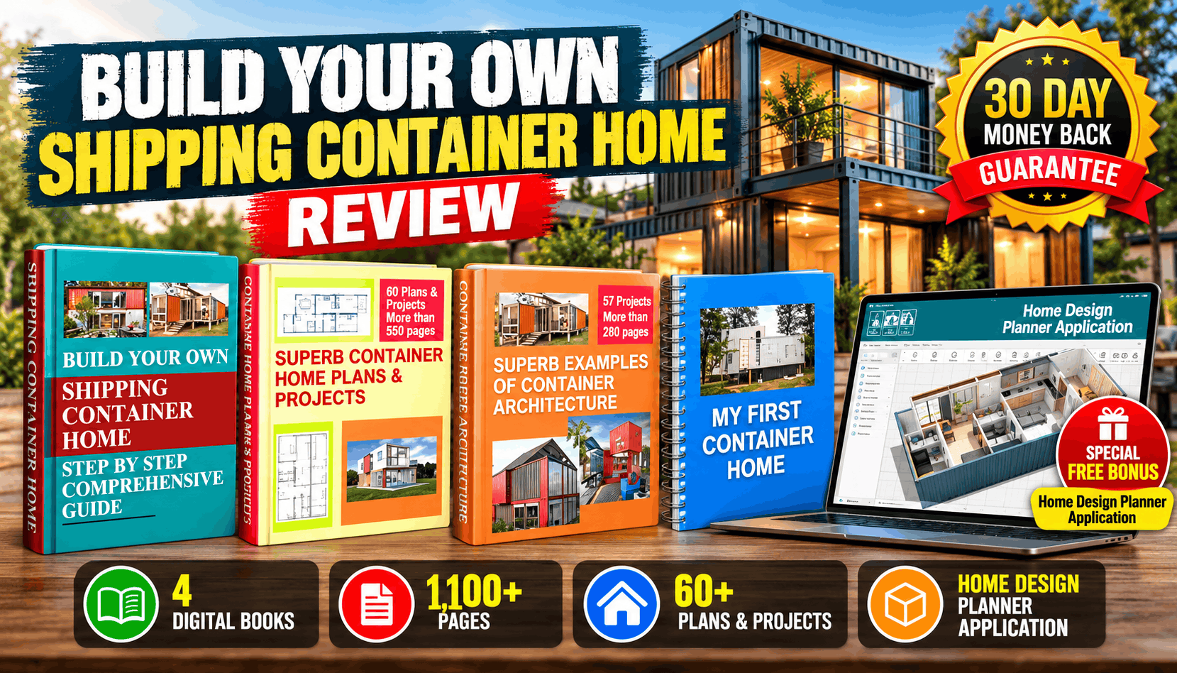 Build Your Own Shipping Container Home review featuring four digital container home books and the home design planner bonus.