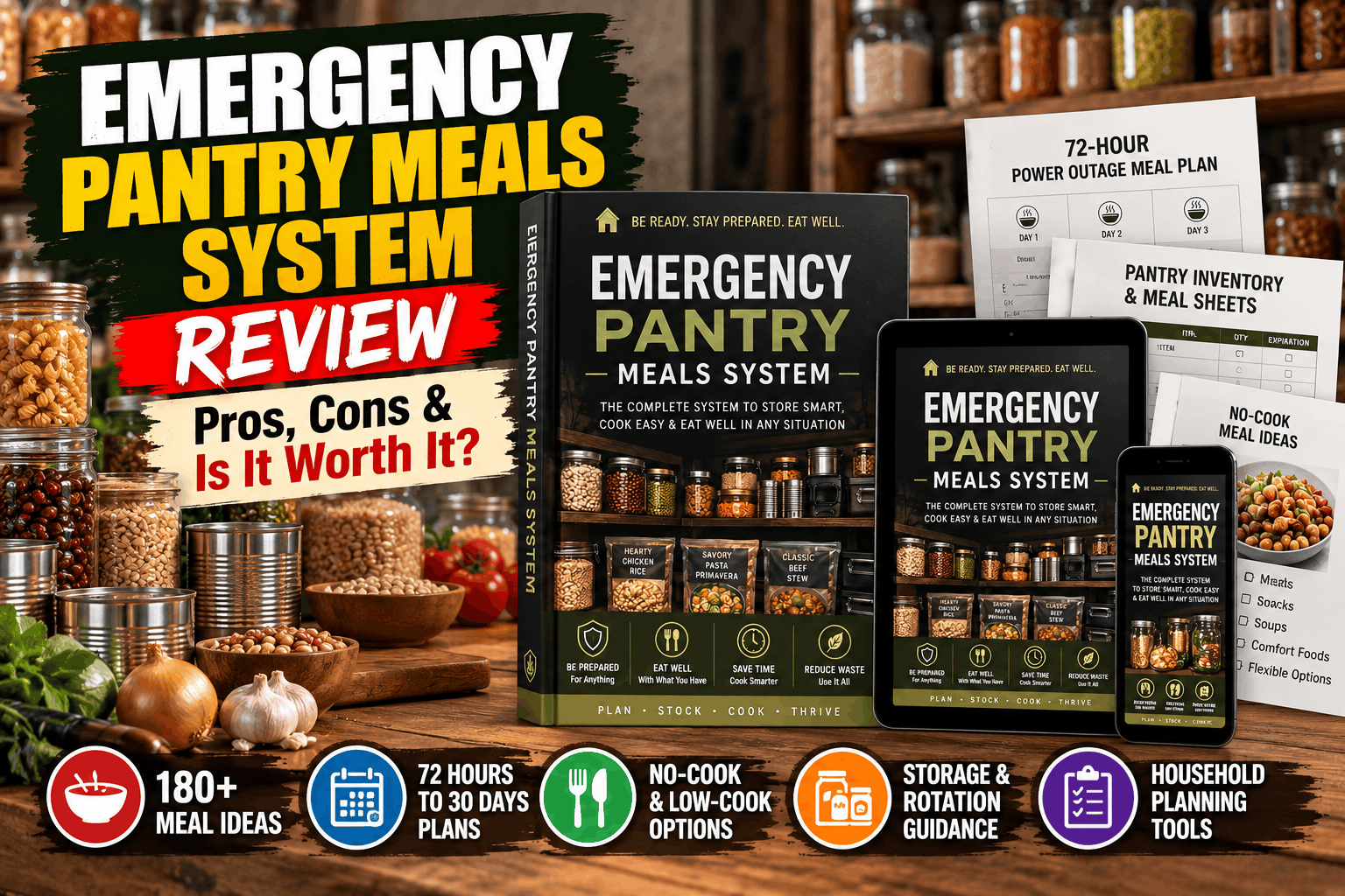 Emergency Pantry Meals System review featuring the pantry meal-planning book mockup, digital resources, and inventory worksheets.