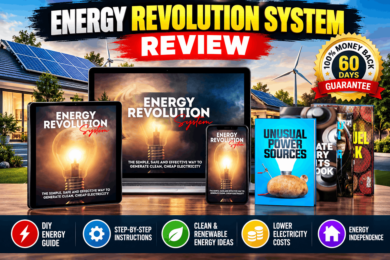 Energy Revolution System review featuring the digital energy guide, device illustrations, and advertised 60-day money-back guarantee.
