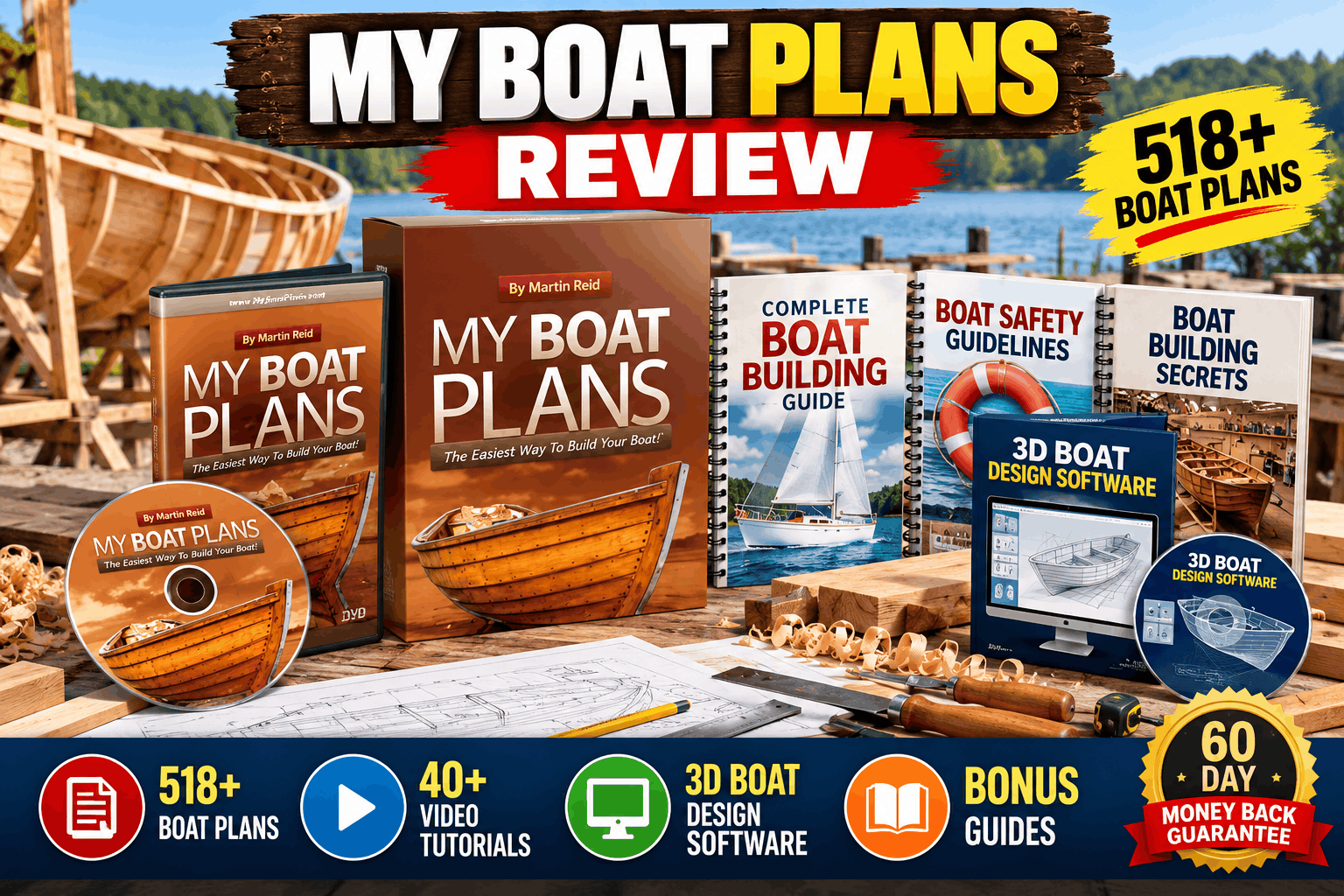 My Boat Plans review showing the boat-building plan package and advertised bonus guides