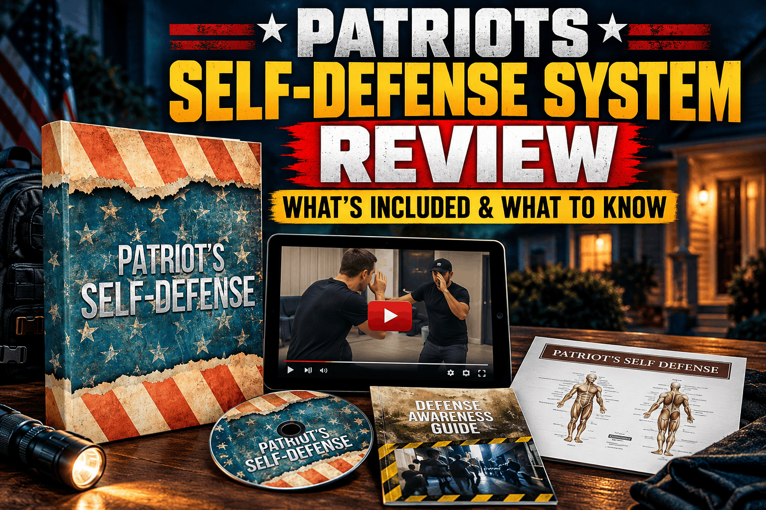 Patriots Self-Defense System review bundle with training video tablet, guidebook, DVD, and visual reference