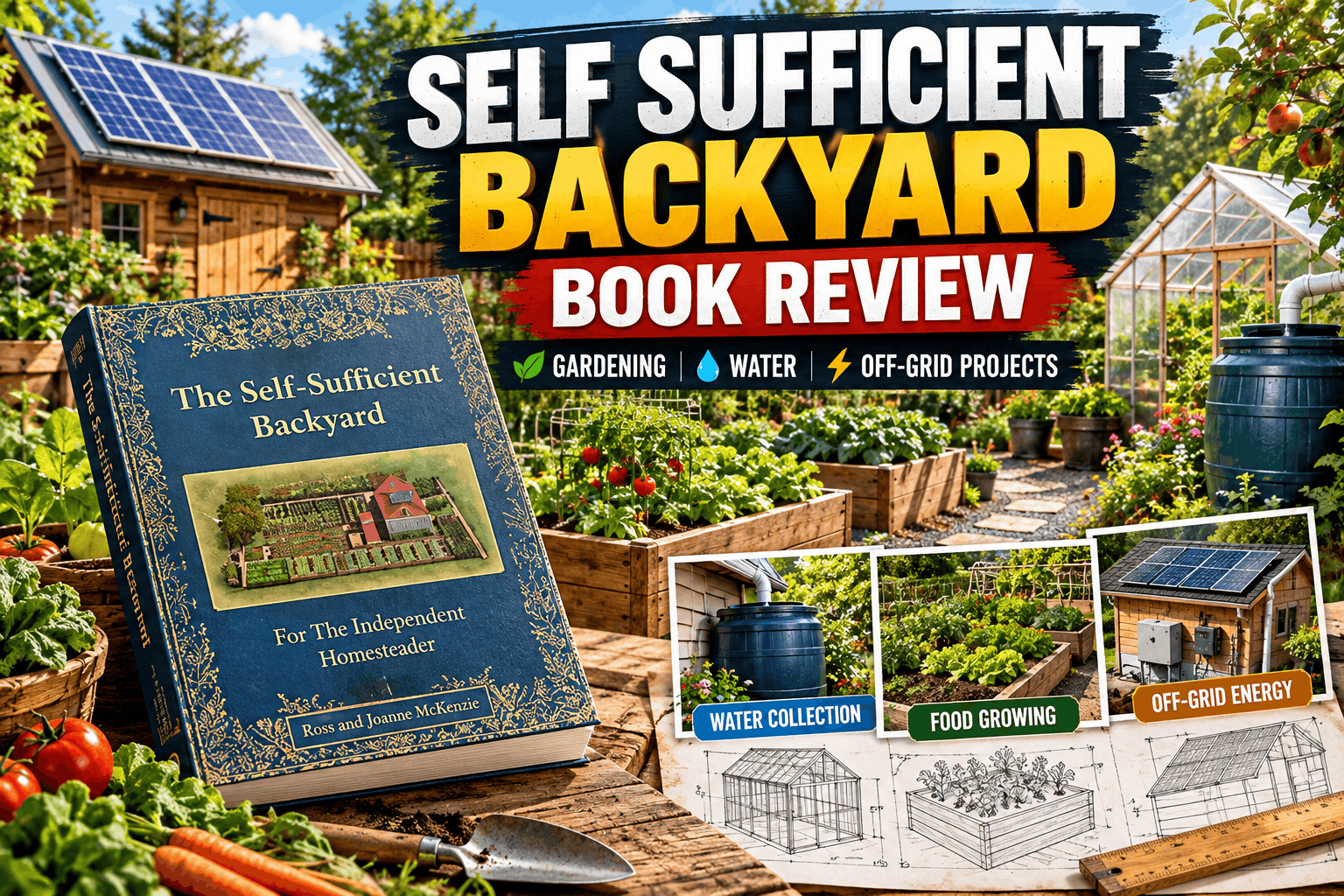 Self Sufficient Backyard Book review with book cover, backyard vegetable garden, rainwater collection, and off-grid energy concepts