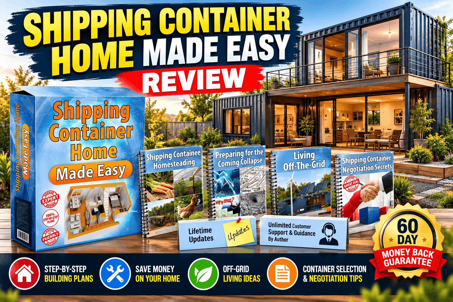 Shipping Container Home Made Easy review featuring the digital container home building guide and bonus resources.