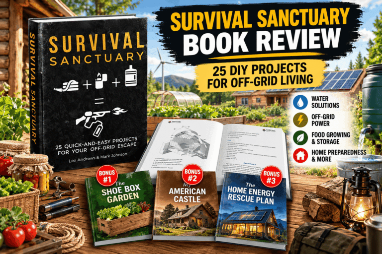 Survival Sanctuary Book showing a DIY off-grid survival projects guide and illustrated pages