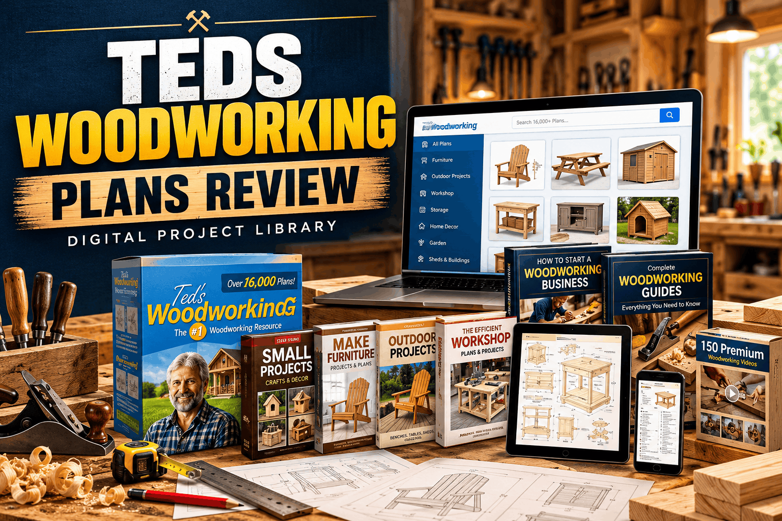 Teds Woodworking Plans review featuring digital woodworking plans and project diagrams
