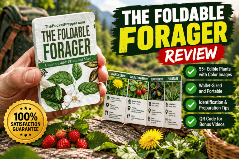 The Foldable Forager wallet-sized edible plant guide held in a hand