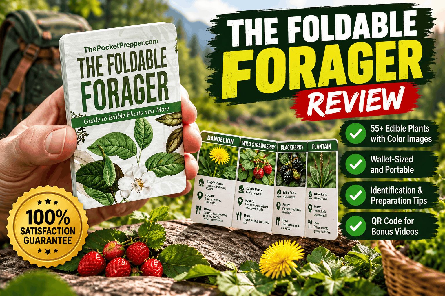 The Foldable Forager wallet-sized edible plant guide held in a hand