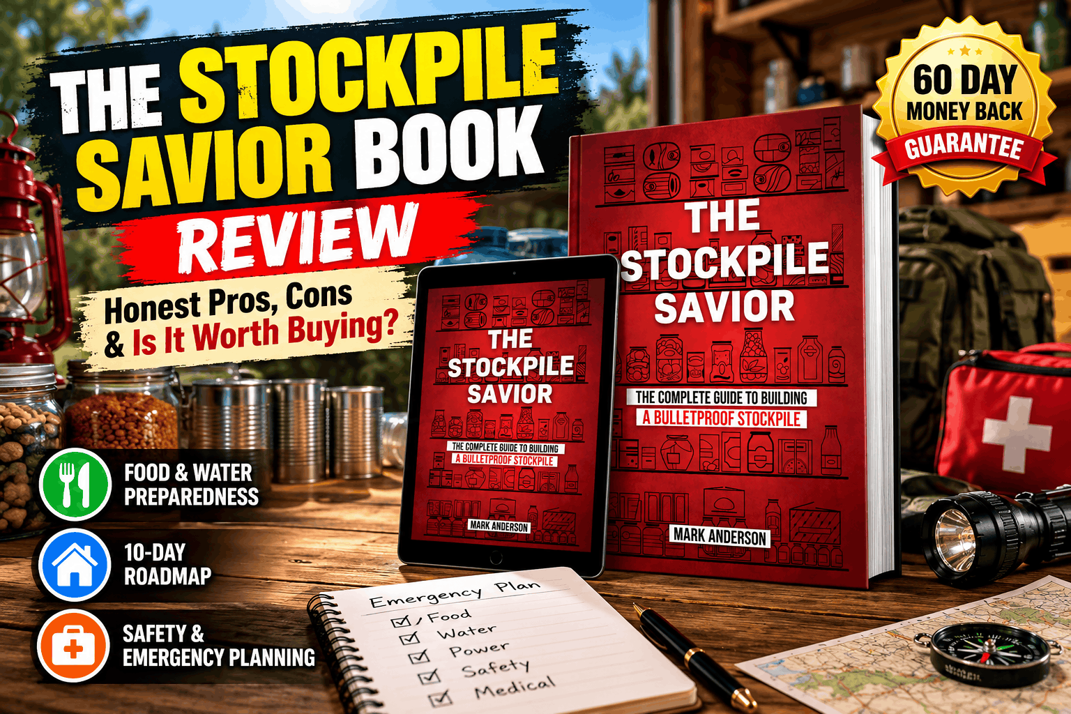 The Stockpile Savior Book review featuring the red emergency stockpiling guide in physical book and digital tablet formats.