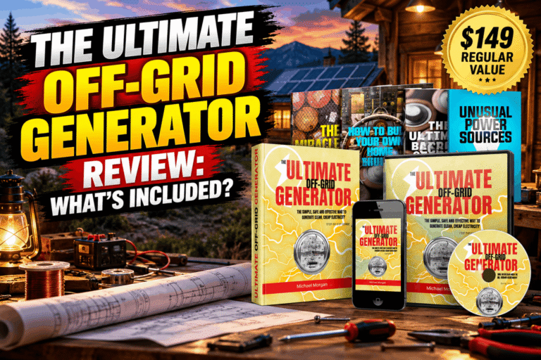 The Ultimate OFF-GRID Generator digital blueprint package with guide, disc, phone, and bonus materials