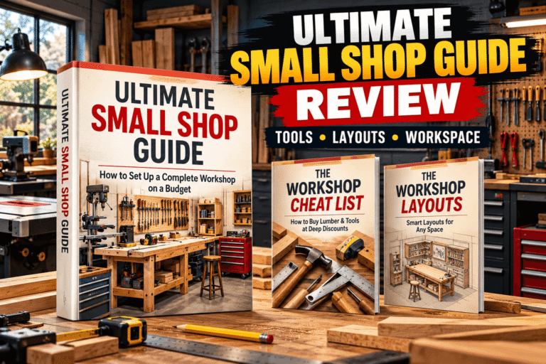 Ultimate Small Shop Guide review featuring the workshop guide, tool cheat list, and workshop layout booklet