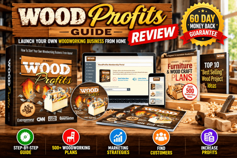 Wood Profits Guide review featuring the woodworking business course, furniture and wood craft plans, and digital learning materials.